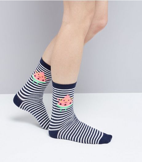 Blue Stripe Watermelon Print Socks | New Look