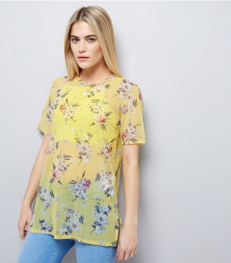 Yellow Floral Print Mesh T-Shirt | New Look