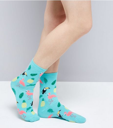 Neon Green Flamingo Print Socks | New Look