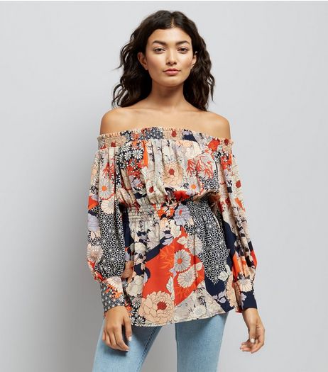 Blue Tropical Floral Ruched Bardot Top | New Look