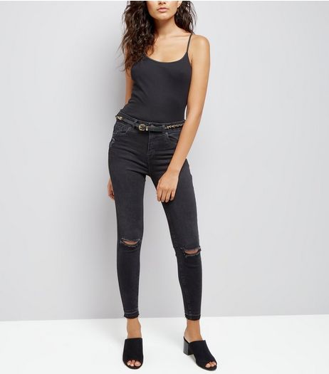 Black Belted Drop Hem Skinny Jenna Jeans | New Look