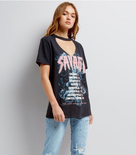 Black Rock Band Style Print Choker Neck T-Shirt | New Look