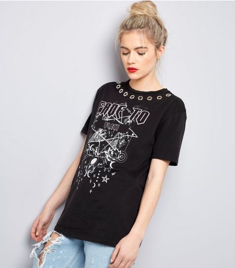 Black Symbol Print Cut Out Back T-Shirt | New Look