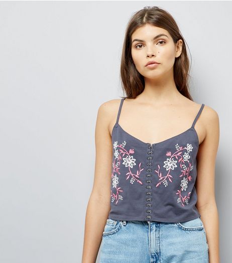 Grey Floral Embroidered Hook and Eye Bralet | New Look