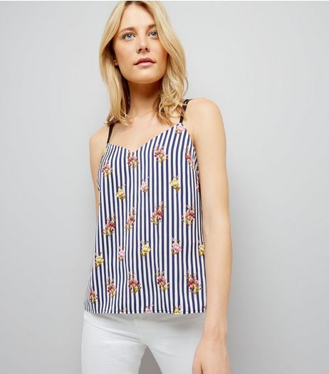 Black Floral Stripe Lace Back Cami Top | New Look