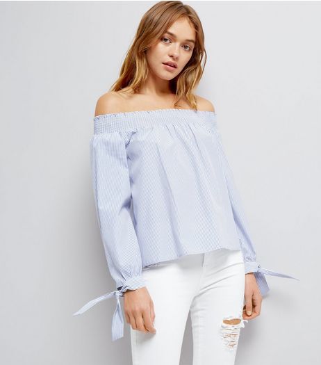 Blue Stripe Tie Sleeve Bardot Neck Top | New Look