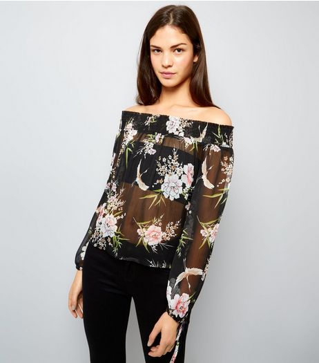Black Floral Print Tie Sleeve Bardot Neck Top | New Look