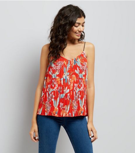 Red Pleated Floral Printed Cami | New Look