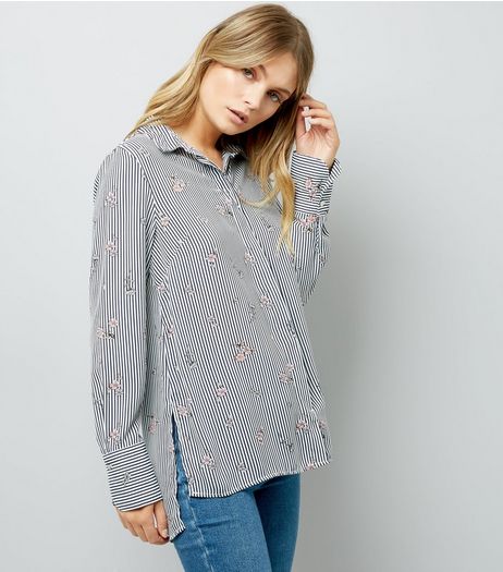 Navy Stripe Ditsy Floral Print Shirt | New Look