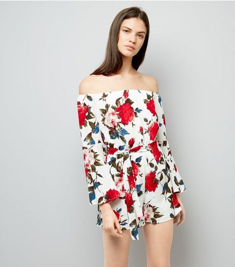 Parisian White Floral Print Belle Sleeve Playsuit | New Look