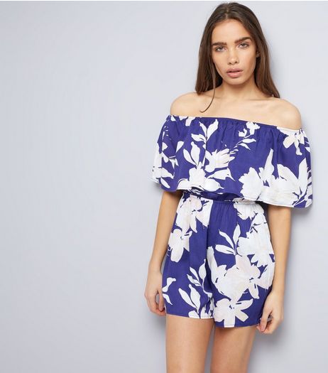 Parisian Blue Floral Print Bardot Neck Playsuit | New Look