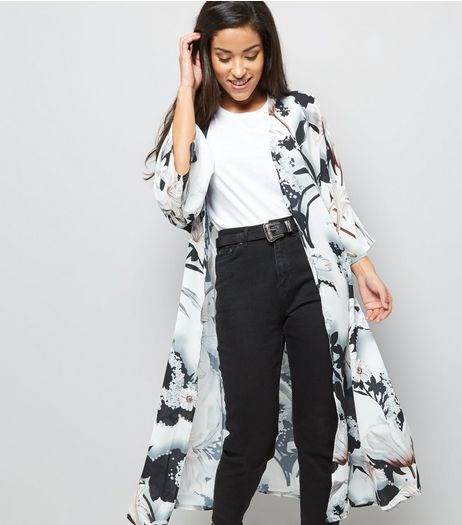 Black Abstract Print Belted Maxi Kimono | New Look