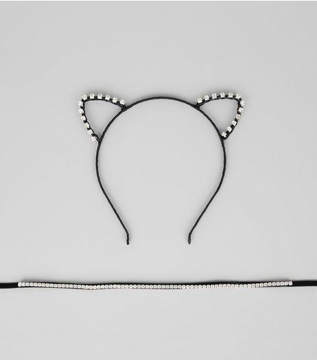 Black Cat Ear Headband and Choker Set | New Look