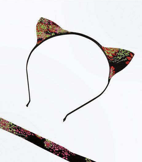 Black Floral Cat Headband and Choker Set | New Look