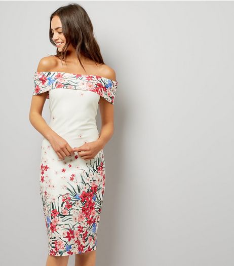 White Floral Print Bardot Neck Midi Dress | New Look