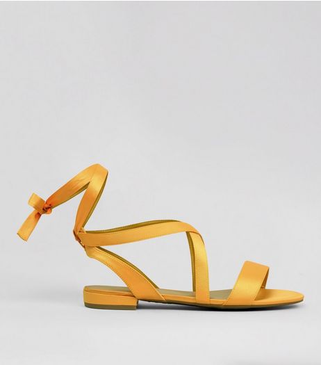 Wide Fit Yellow Satin Ankle Tie Sandals | New Look