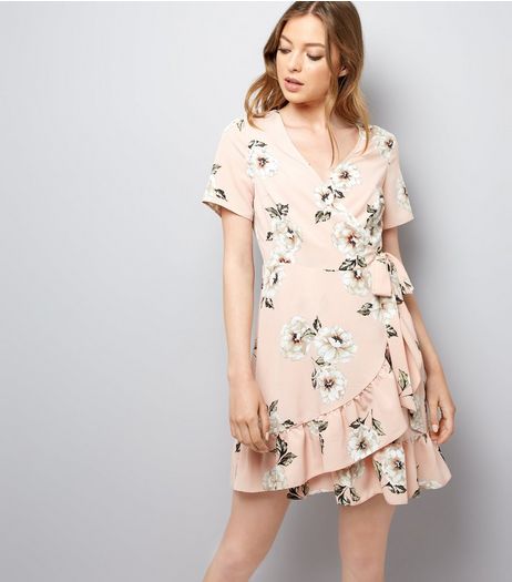 Pink Floral Print Wrap Front Skater Dress | New Look