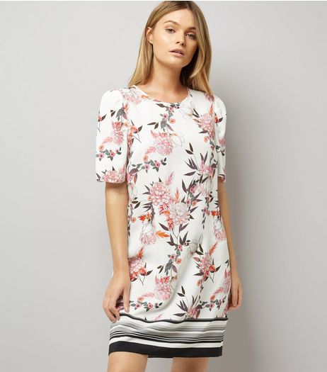 White Floral Print Stripe Hem Tunic Dress | New Look