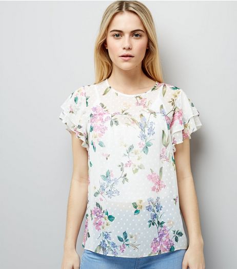 White Tropical Print Frill Sleeve Top | New Look