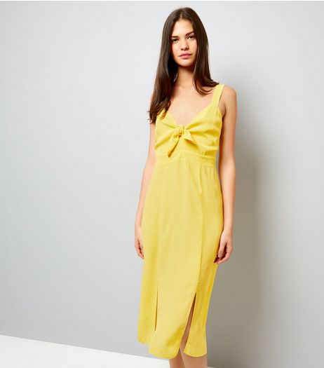 Yellow Bow Front Split Front Midi Dress | New Look