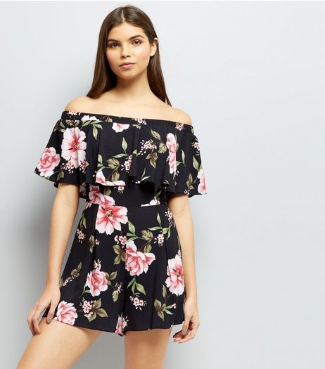 Black Floral Print Frill Trim Bardot Playsuit | New Look