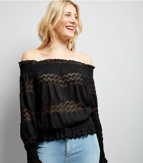 Cameo Rose Black Crochet Lace Trim Bardot Neck Top | New Look