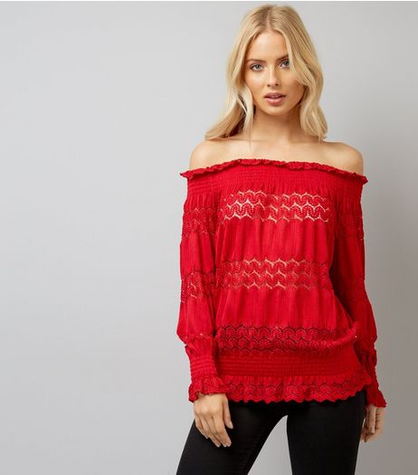 Cameo Rose Burgundy Crochet Lace Trim Bardot Neck Top | New Look