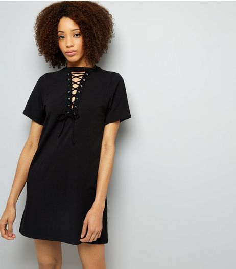 Black Choker Neck Lattice Front Tunic | New Look