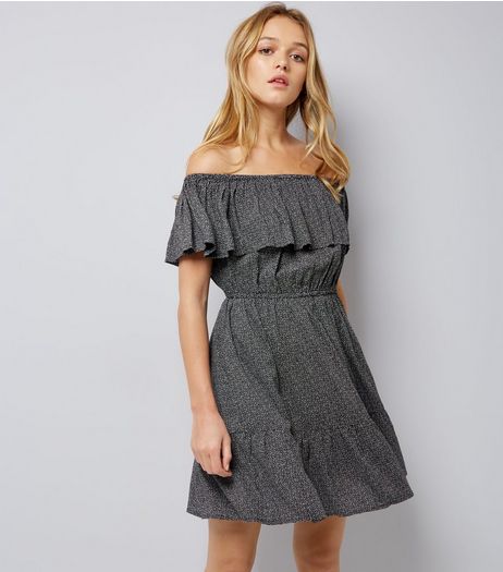 Black Spotted Frill Bardot Neck Dress | New Look