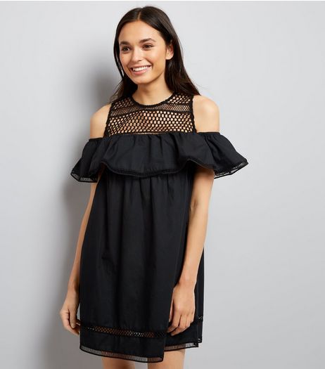 Black Crochet Yoke Cold Shoulder Dress | New Look