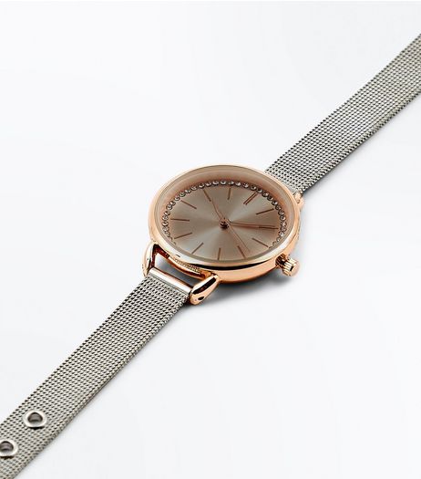 Silver Two Tone Mesh Strap Diamanté Watch | New Look