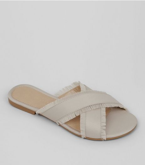 Wide Fit Stone Cross Over Fringe Mules | New Look
