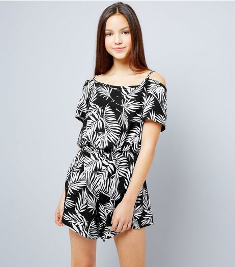 Teens Black Palm Leaf Print Cold Shoulder Playsuit | New Look