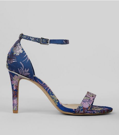Wide Fit Blue Brocade Heeled Sandals | New Look