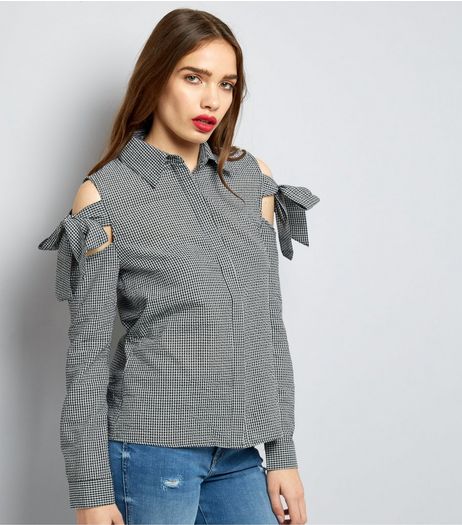 Urban Bliss Black Gingham Tie Sleeve Cold Shoulder Shirt | New Look
