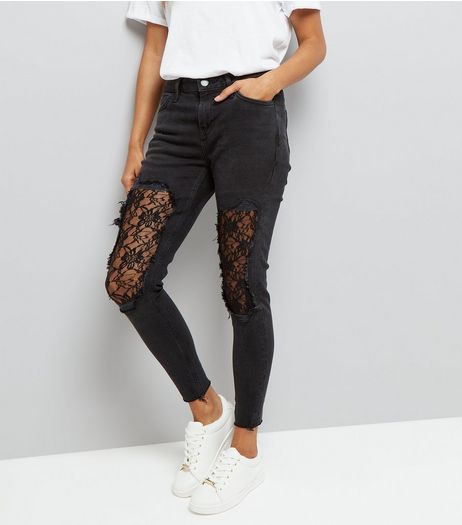 Petite Black Lace Insert Skinny Jeans | New Look