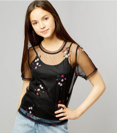Teens Black Floral Mesh T-Shirt | New Look