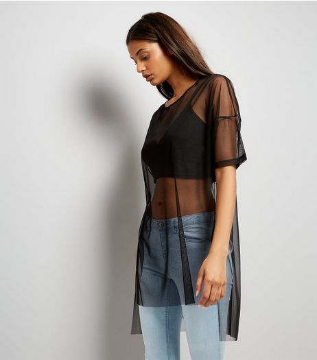 Noisy May Black Mesh Half Sleeve Longline Top | New Look
