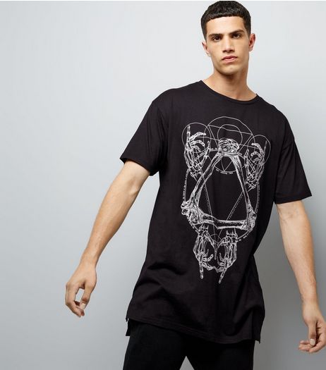 Black Bone Print Longline T-Shirt | New Look