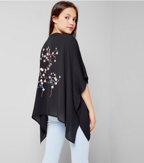 Teens Black Floral Embroidered Kimono | New Look