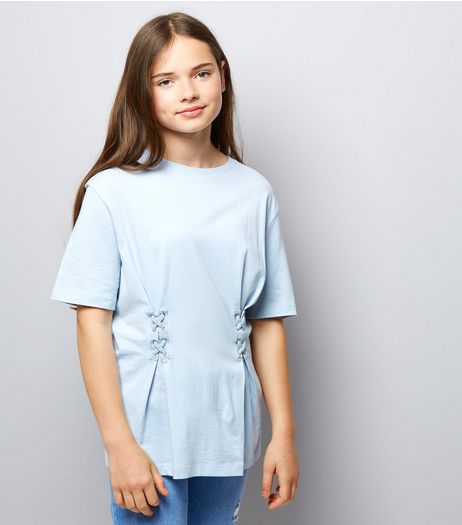 Teens Pale Blue Lace Up Oversized T-Shirt | New Look