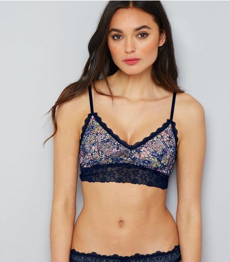Navy Floral Print Lace Trim Bralet | New Look