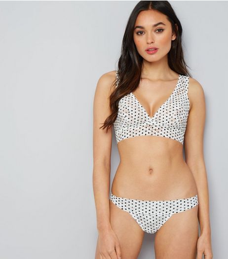 White Polka Dot Lace Bralet And Thong Set | New Look