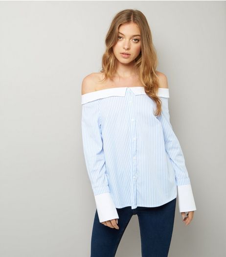 Blue Stripe Bardot Neck Shirt | New Look