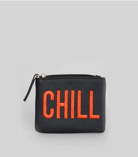 Black Chill Embroidered Zip Top Purse | New Look