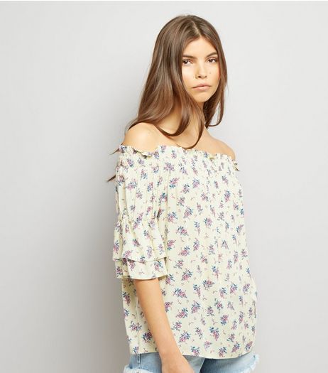 Yellow Floral Print Bardot Neck Top | New Look