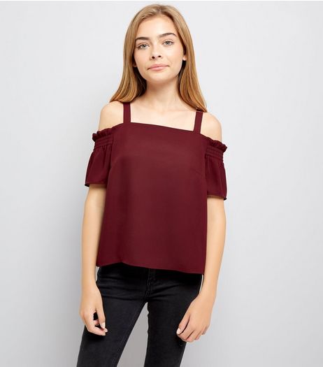 Teens Burgundy Shirred Sleeve Cold Shoulder Top | New Look