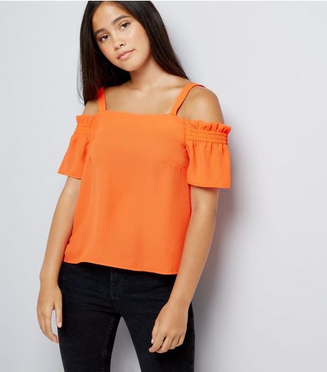 Teens Orange Shirred Sleeve Cold Shoulder Top | New Look