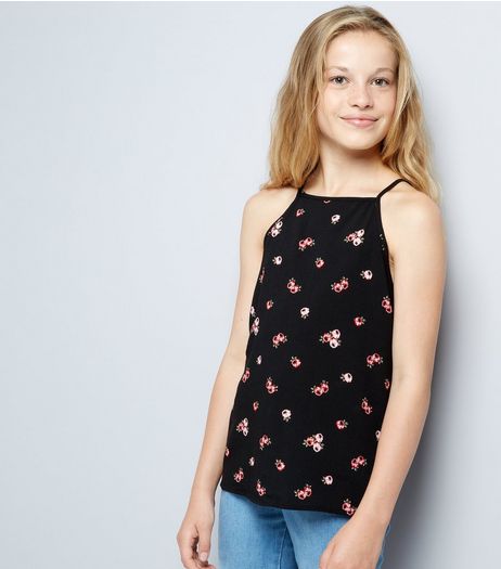 Teens Black Floral Print High Neck Cami | New Look