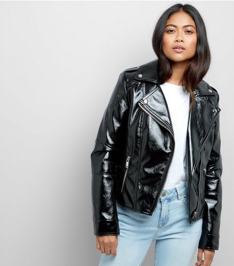 Petite Black High Shine Leather-Look Biker Jacket | New Look